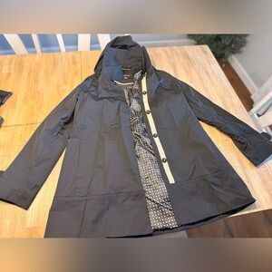 Jones New York Hooded Black Raincoat with Polka Dot Lining